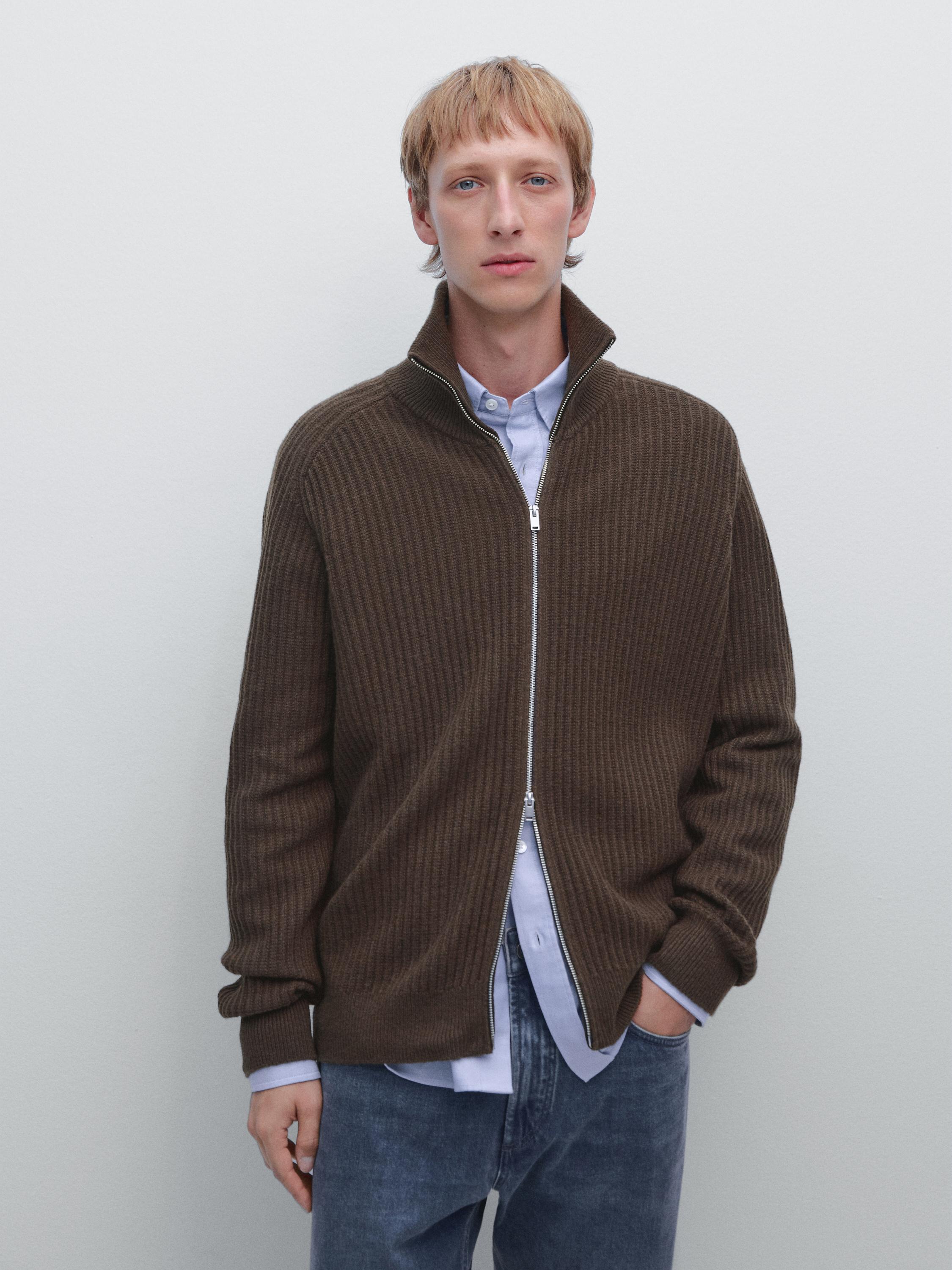 Wool blend zip-up knit cardigan